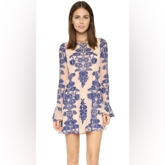 For Love And Lemons Temecula Blue Embroidery Mesh Babydoll Dress Xs C28